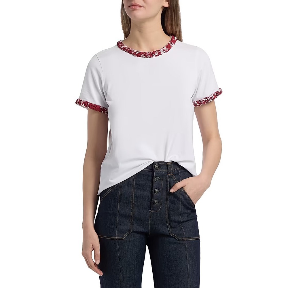 Cinq a Sept Bandana Braided Tee White Bordeaux Red XS ZT721E2280Z New